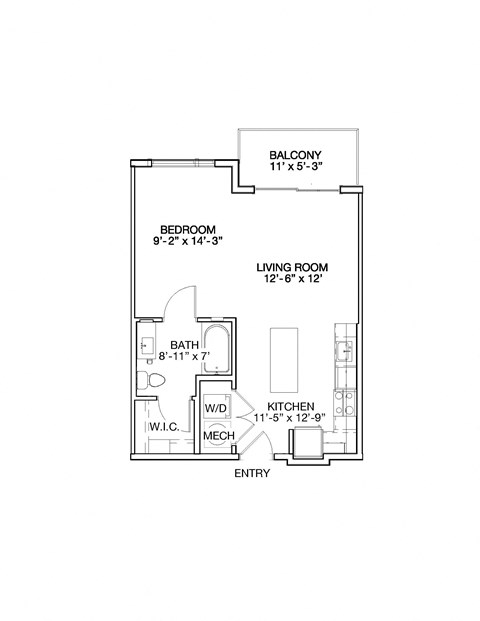 Floor plan for studio, 1 bath, 590 sqft